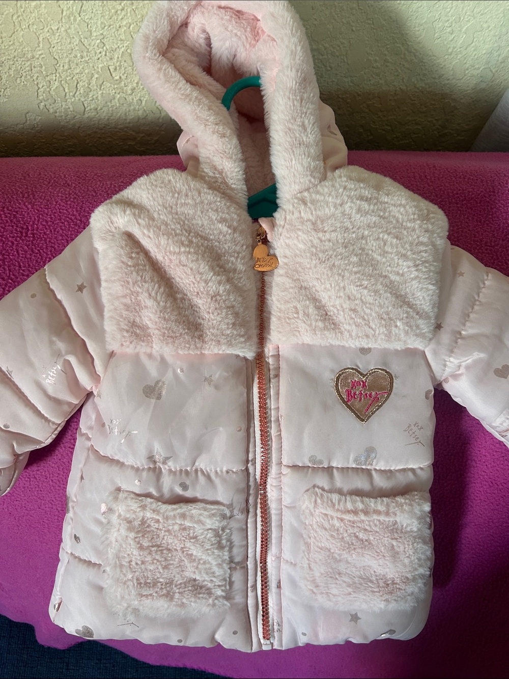 Betsey Johnson Light Pink Faux Fur Hooded Puffer Jacket